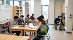 A modern educational facility with students studying in a clean classroom while a professional pest management technician discreetly performs inspection services in the background